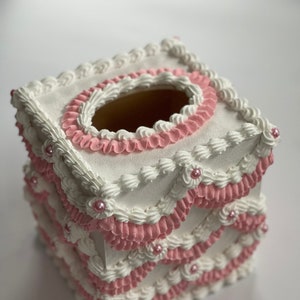 Faux Cake Tissue Box in Pink and White with Pearls