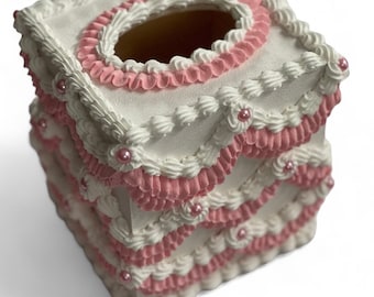 Faux Cake Tissue Box in Pink and White with Pearls