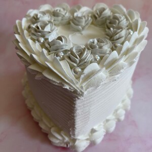 Vintage White Heart Cake with Roses and Pearls, Faux Cake, Fake Cake image 2