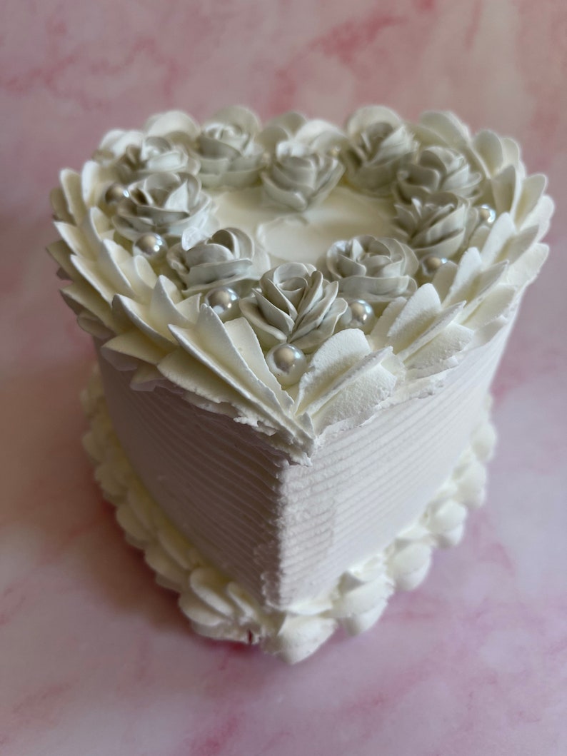 Vintage White Heart Cake with Roses and Pearls, Faux Cake, Fake Cake image 2