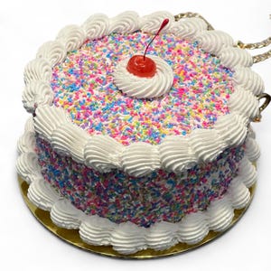 White Frosted Cake Purse with Multicolored Sprinkles & Cherry – Round Faux Dessert Bag