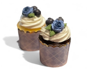 Sweet Blue Rose and Blueberries Faux Cupcake In Chocolate or Vanilla