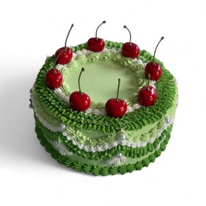 Two toned Green Vintage Fake Cake with Cherries, Faux Cake