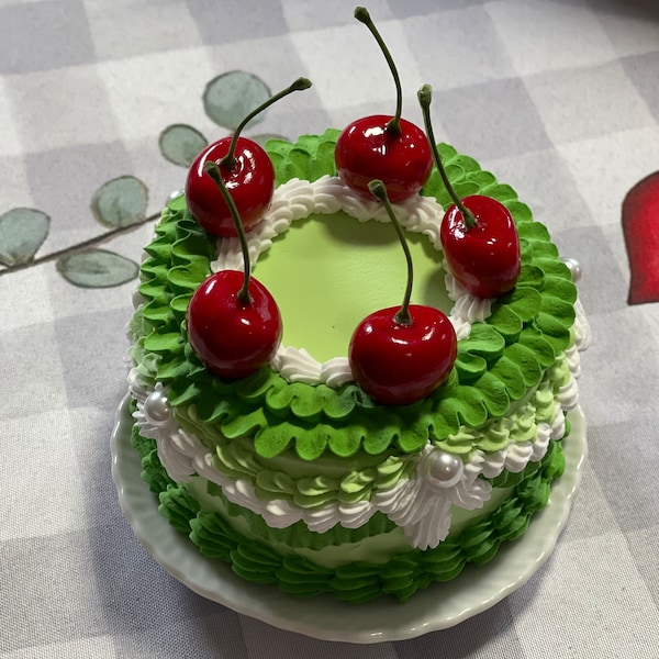 Small Two Toned Green Vintage Cake with  Cherries/Fake Cake/Faux Cake