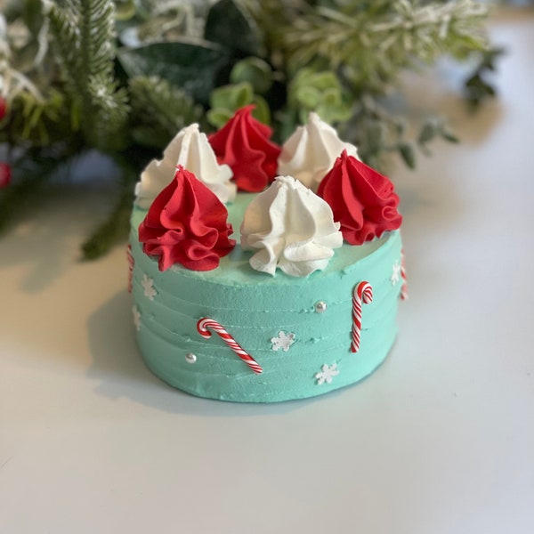 Faux Christmas Candy Cane and Snowflake Mini Cake for Tiered Stand