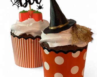 ハロウィン フェイクカップケーキセット – 魔女の帽子とブーのカップ 