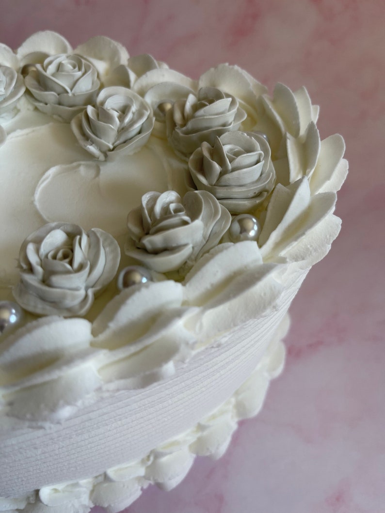 Vintage White Heart Cake with Roses and Pearls, Faux Cake, Fake Cake image 3