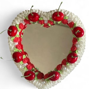 Red and White Faux Cake Mirror with Rosettes and Cherries