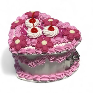 Pink and White Faux Cake Heart Purse with Flowers and Cherries