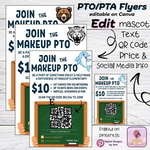Peut inclure: Des flyers pour un événement PTO/PTA, avec des mascottes d'ours, de tigre et de dauphin. Les flyers ont un design de tableau noir vert avec un code QR et le texte "Join the Makeup PTO".