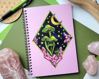 Celestial Mushroom Crystal spiral lined journal, Watercolor moon and star design notebook, Unique gift for him, her and witchy nature lovers