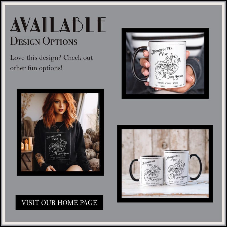 Pode incluir: Duas canecas de cer&acirc;mica branca com al&ccedil;as pretas. Ambas as canecas apresentam uma ilustra&ccedil;&atilde;o em preto e branco de uma flor de lua e uma videira com o texto "Moonflower & Vine" e "Home Sweet Home" impresso na frente. As canecas s&atilde;o exibidas em uma superf&iacute;cie de madeira branca.