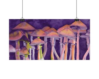 May include: A poster print showing a watercolour illustration of mushrooms. The fungi have orange and brown caps with pink and white stems against a dark purple background. The artwork is attached to a wall with black clips.