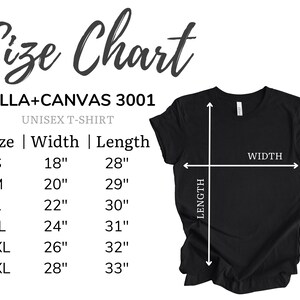 Pode incluir: Tabela de tamanhos para camisetas unissex Bella + Canvas 3001. A tabela mostra as medidas de largura e comprimento em polegadas para os tamanhos S, M, L, XL, 2XL e 3XL.
