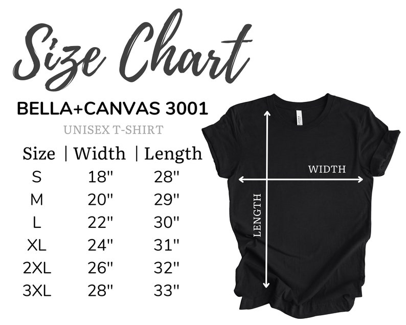 Pode incluir: Tabela de tamanhos para camisetas unissex Bella + Canvas 3001. A tabela mostra as medidas de largura e comprimento em polegadas para os tamanhos S, M, L, XL, 2XL e 3XL.