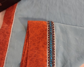 Pakistani Indian Style Self-Printed Georgette Jamawar Banarsi Skyblue Rust Dupatta Scarf Stole Wrap Shawl Stone and Pearls work on borders