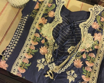 Pakistani Lawn Cotton Three-Piece 3-Piece Shalwar Kameez Dupatta Trouser Dress with Embroidery and Laces Detailing