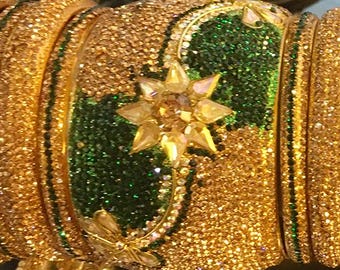 Indian Hyderabad Nizami 18-Piece Bangle Set Engagement Wedding Dark Green & Gold Bangles Joda Set Kangan with Studded Stones SIZE 2-4