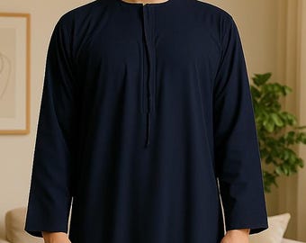 Islamic Jubba Thobe with Light Embroidery and Tussle for Muslim Men Long Sleeves Middle Eastern Religious Clothing Ramadan Gift