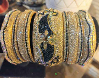 Kundan Polki Bangle Set: Nizami Style Indian Jewelry, Black & Golden (Size 2-8)