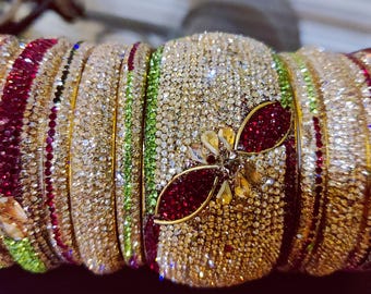 Kundan Polki Bangle Set, Indian Nizami, Red, Green, Gold Jewelry (Size 2-4)