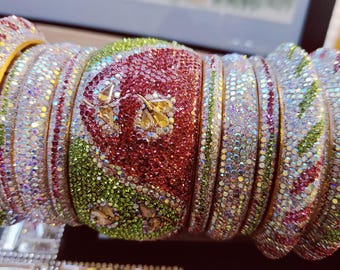 Kundan Polki Bangle Set: Indian Nizami Joda Kangan, Pink, Green & Silver (Size 2-4)