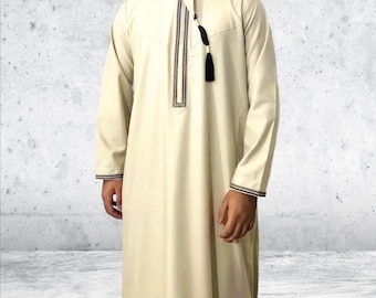 Embroidered Islamic Thobe Jubba: Cream Muslim Men's Long Sleeve Robe