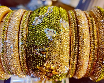 Kundan Polki Bangle Set: Nizami Indian Olive Green & Golden Kangan (Size 2-6)