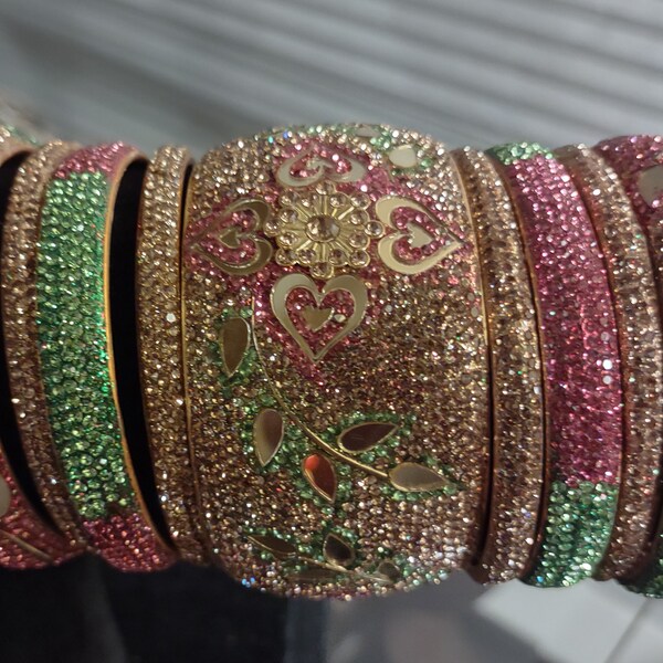 Indian Hyderabad Nizami Green & Pink 18-Piece Bangle / Joda Set For Both Hands Kangan with Mirror Work Kundan Polki - SIZE 2-4