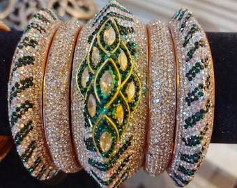 Indian Hyderabad Nizami Engagement Wedding Silver Gold and Green 5-Piece Bangle Joda Set Kangan with Studded Stones Kundan Polki - SIZE 2-10