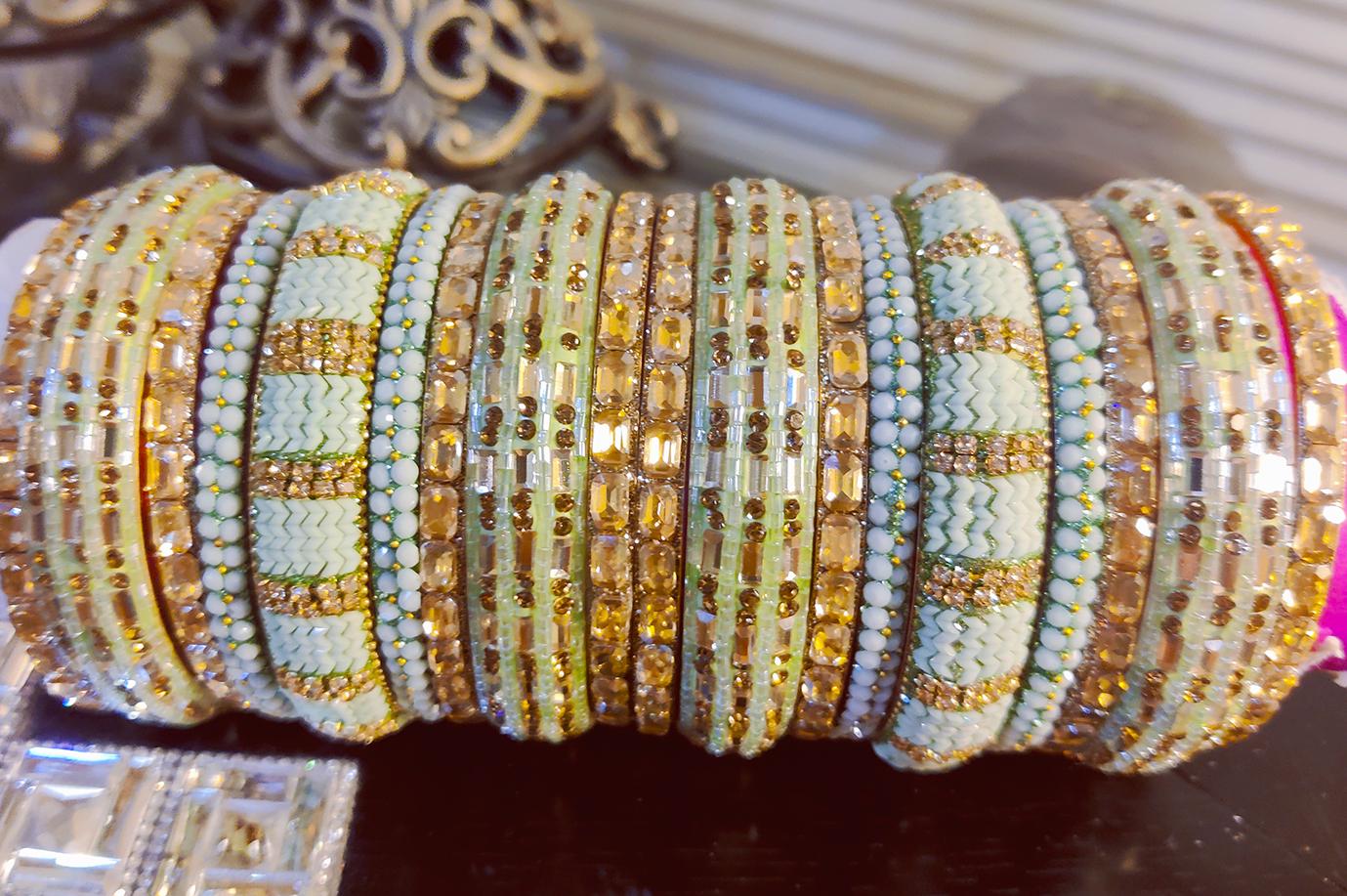 Indian Hyderabad Nizami Mint Green and Golden 18-Piece Bangle Two Hands Joda Set Kangan with Studded Stones Kundan - SIZE 2-8