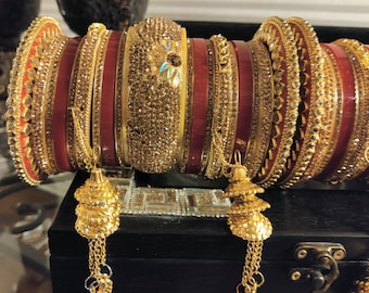 Hyderabad Nizami Indian | Dulhan Bride Bangle 38-Piece Joda Set Kangan | For Both Hands with Studded Stones Kundan Polki Stones | Size 2-10