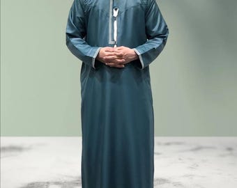 Embroidered Islamic Thobe Jubba: Green Muslim Men's Long Sleeve Robe
