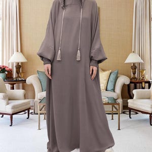 Muslim Solid Color Quality Jilbab Abaya Dress with Hijab, Baggy Streetwear Hoodie and Batwing Sleeves