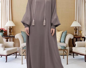 Muslim Solid Color Quality Jilbab Abaya Dress with Hijab, Baggy Streetwear Hoodie and Batwing Sleeves