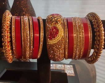 Indian Hyderabad Nizami Dulhan Bride Bangle 17-Piece Joda Set Kangan with Studded Stones Kundan Polki and Pearls