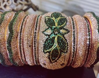 Green & Gold Indian Bangle Set: Nizami Bridal Jewelry (Size 2-6)