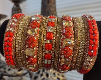 Indian Hyderabad Nizami Red and Gold with White Stones 11-Piece Bangle / Joda Set Kangan with Studded Stones Kundan Polki - SIZE 2-6
