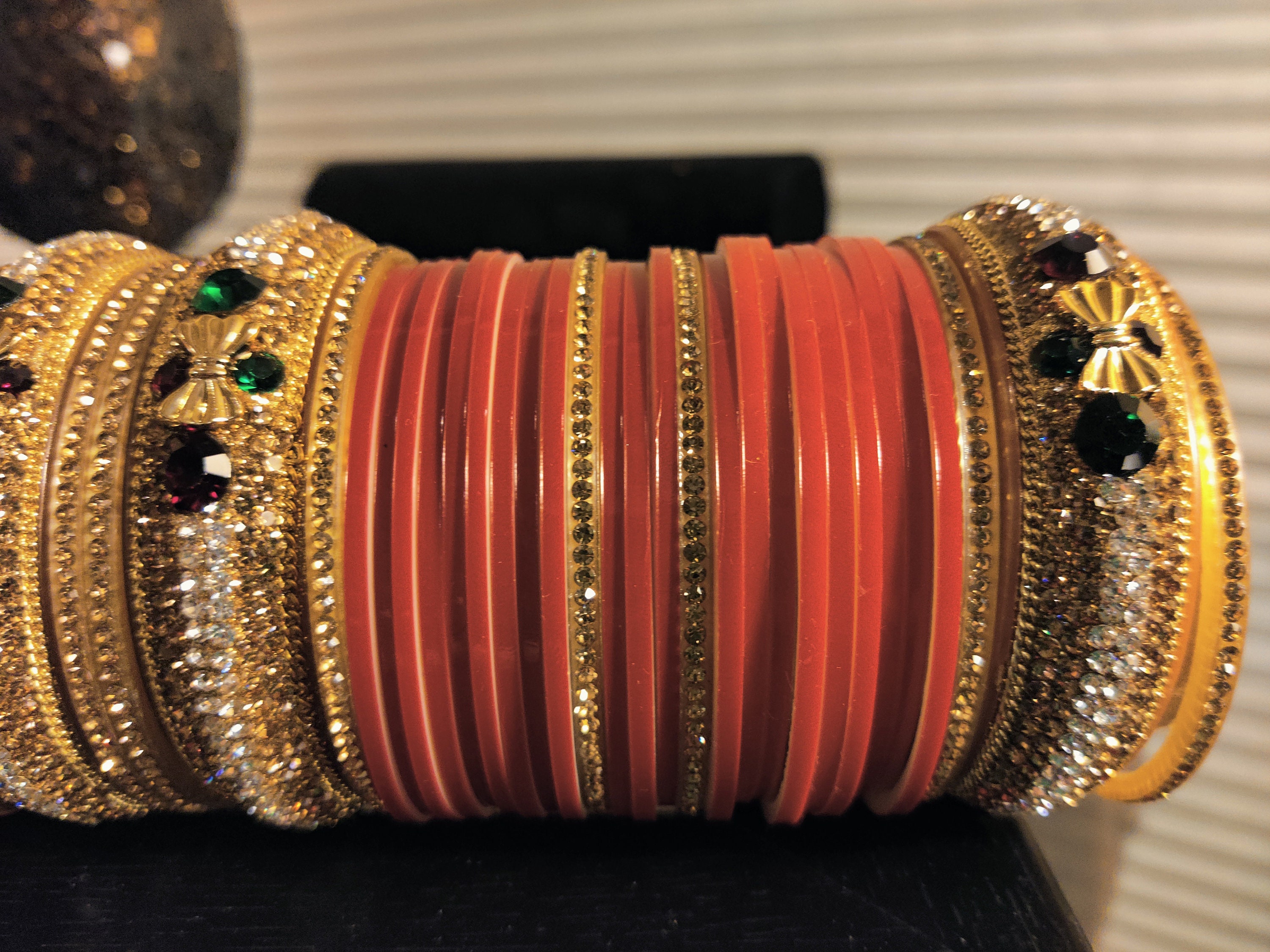 Laad Bazaar Charminar Stone Bangles Kundan Yellow And Red Silk