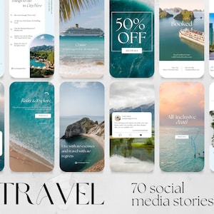 70 Travel Social Media Stories Templates | Facebook Instagram IG, travel agency agent traveling blogger hotel resort beach deals marketing