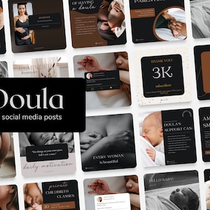 50 Doula Social Media Posts Templates (BLACK), PostPartum Midwife Doula Content Idea, Pregnancy Marketing, Facebook Instagram Post Birth ENG
