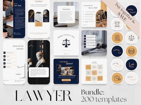 200 Lawyer BUNDLE: 60 Posts, 60 Stories, 80 Highlight Covers Template | Social Media Law Firm Legal practice business Instagram Facebook