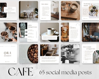 May include: A collage of 12 social media posts for a cafe. The posts feature images of coffee, tea, pastries, and the cafe's interior. The text on the posts includes phrases like "Coffee Tasting Events", "Our Values", "Weekend Brunch", and "How to Make a Frappuccino".