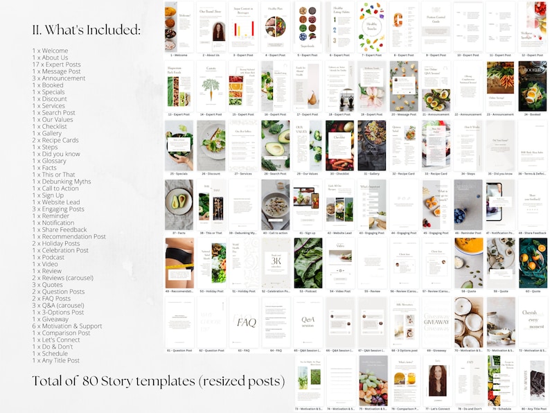 May include: A collection of 80 Instagram story templates for food bloggers and nutritionists. The templates are designed to help you create engaging content for your followers. The templates include a variety of designs, such as welcome posts, expert posts, recipe cards, and more.