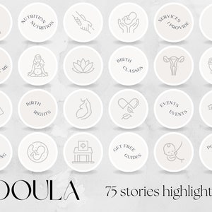75 Doula Highlights | Text + Icon Stories Highlights for Social Media | Instagram, IG, Facebook, Birth Worker Marketing, Midwife, Postpartum