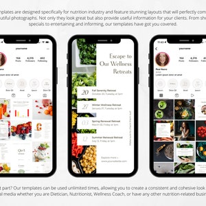 May include: Three mockups of Instagram posts for a wellness retreat. The first post shows a grid of photos of healthy food and drinks. The second post shows a list of retreat dates and times. The third post shows a grid of photos of healthy food and drinks.