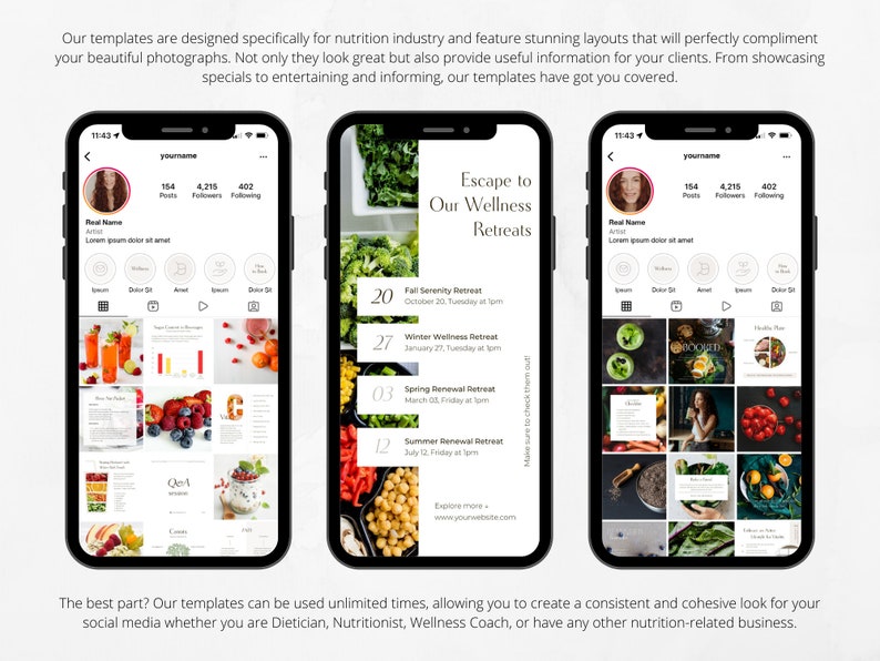 May include: Three mockups of Instagram posts for a wellness retreat. The first post shows a grid of photos of healthy food and drinks. The second post shows a list of retreat dates and times. The third post shows a grid of photos of healthy food and drinks.