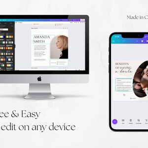 May include: A digital mockup of a phone and computer screen showing a Canva design template for a social media post about the benefits of having a doula. The text on the post reads "Benefits of Having a Doula".