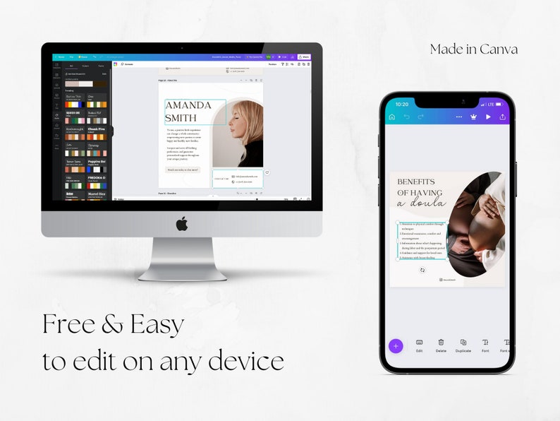 May include: A digital mockup of a phone and computer screen showing a Canva design template for a social media post about the benefits of having a doula. The text on the post reads "Benefits of Having a Doula".
