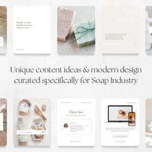 Op de afbeelding: Een verzameling afbeeldingen met tekst en productweergaven, samengesteld voor de zeepindustrie. De afbeeldingen bevatten zeepblokken, tekstoverlays met zinnen als "Kind Words" en "Seasonal Special", en een laptop- en telefoonmodel.